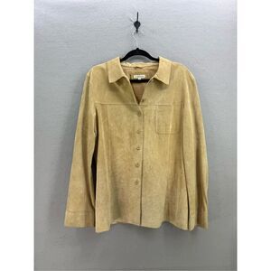 Vintage Yvonne Marie Womens Tan Suede Leather Button Down Top Shirt Size 14